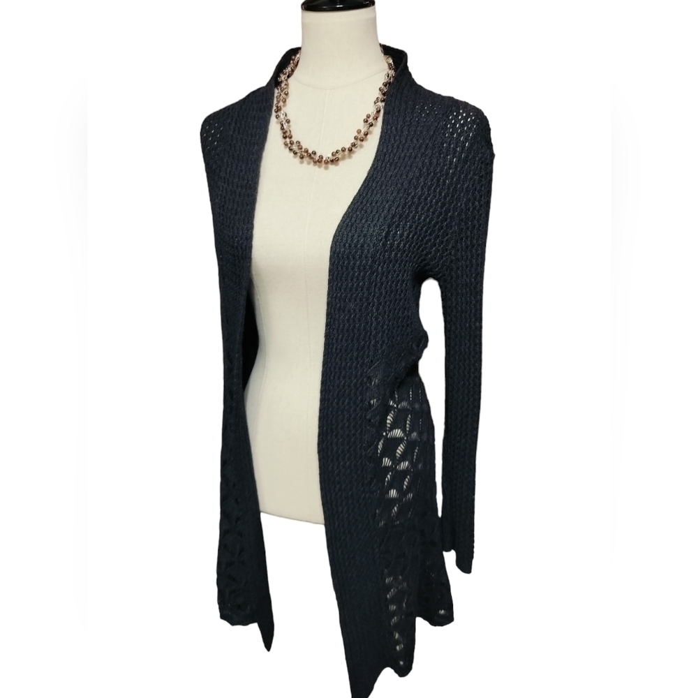 2718) Belldini Black Crocheted Open Front Long Cardigan Size Small - Picture 1 of 10